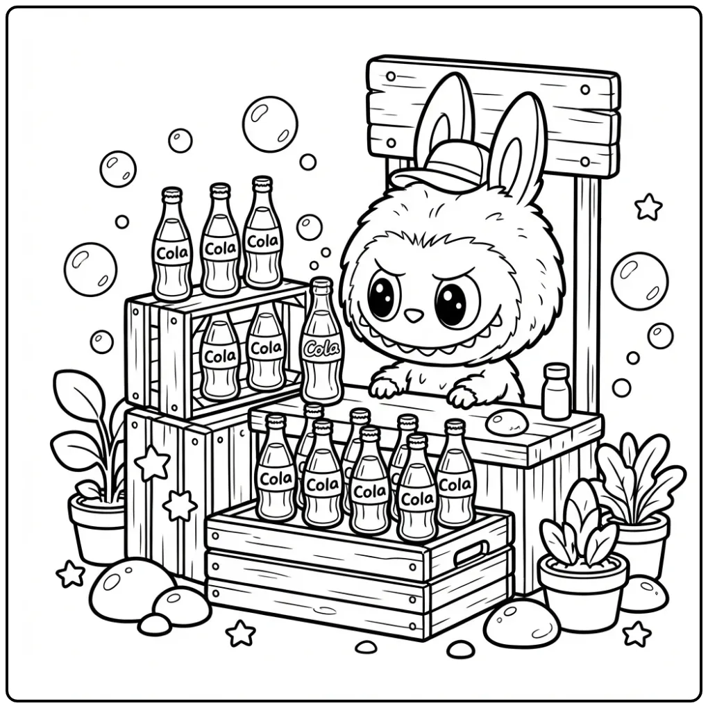 Een leuke kleurplaat labubu cola bij een frisdrankkraampje.