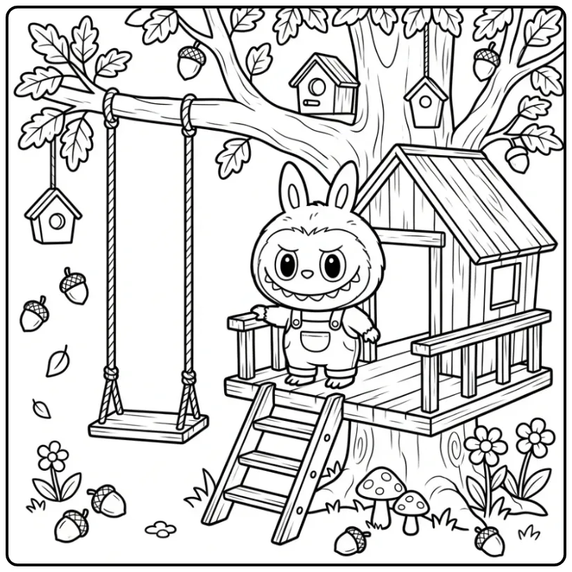 Schattige labubu kleurplaat makkelijk bij een boomhut.