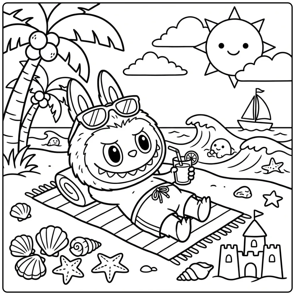 Een vrolijke kleurplaat labubu zomer met strand en palmbomen.