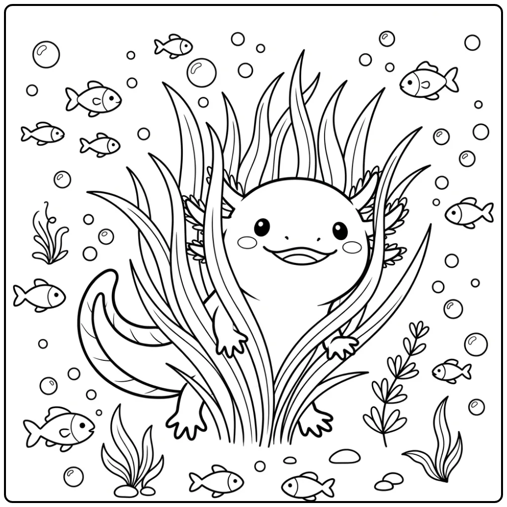 Een schattige axolotl kleurplaat met watergras en vissen.