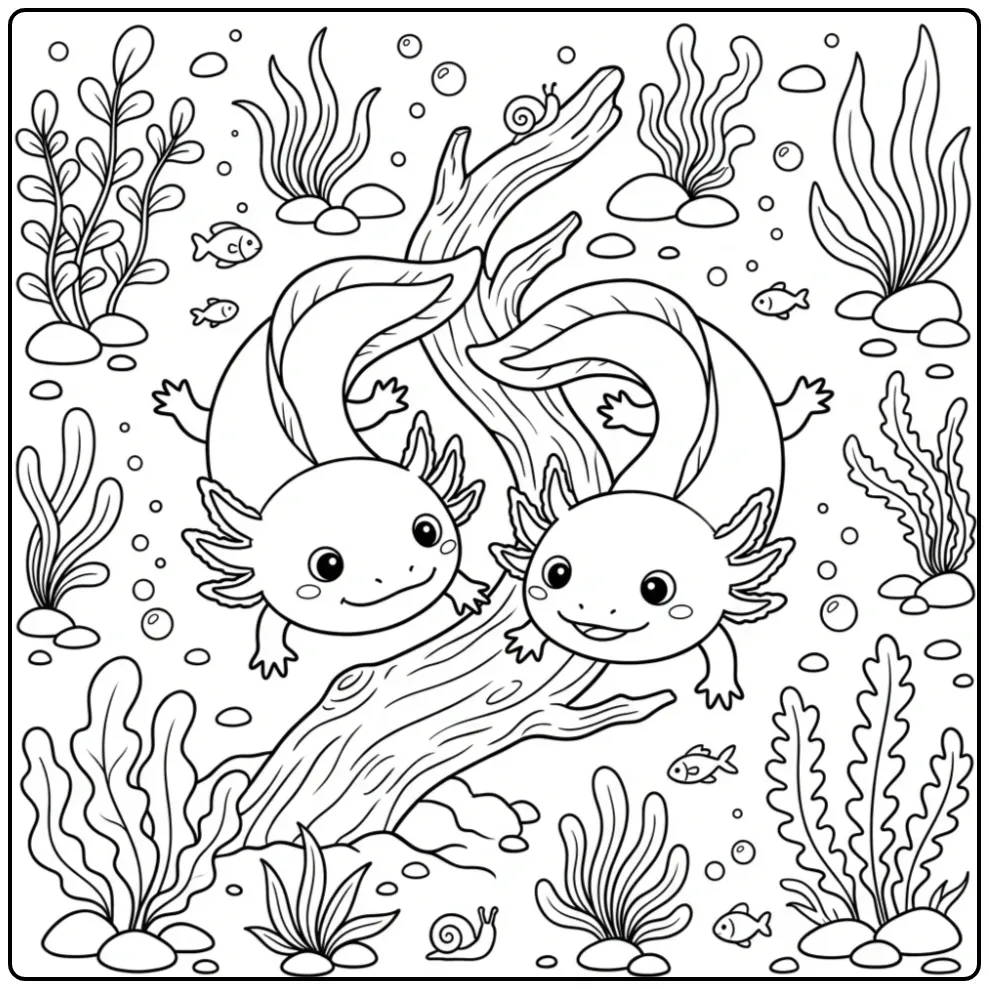 Een schattige axolotl kleurplaat met twee zwemmende vriendjes.