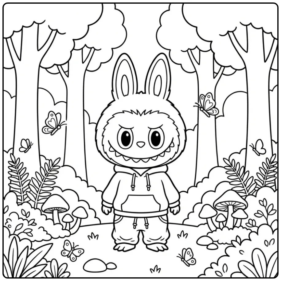 Een vrolijke labubu kleurplaat met kleren in het bos.