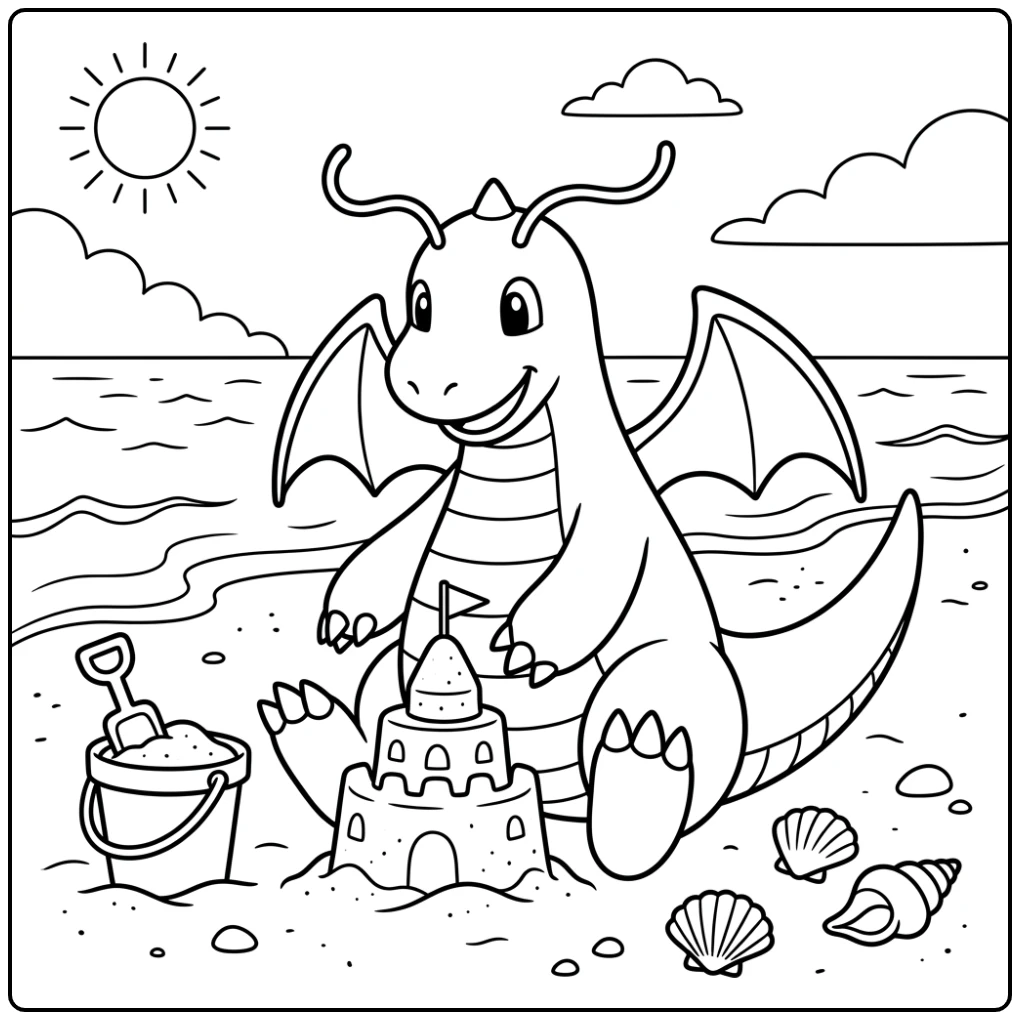 Leuke dragonite kleurplaat: Dragonite bouwt zandkasteel op strand