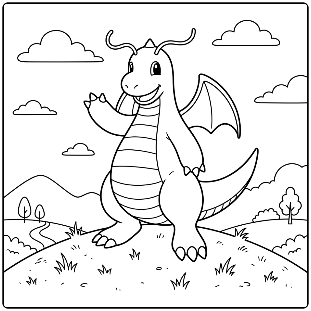 Vrolijke dragonite kleurplaat van zwaaiende Dragonite op heuvel.