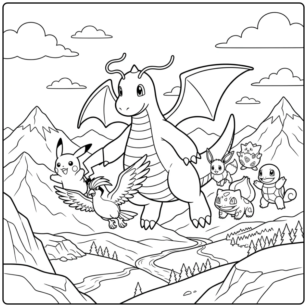 Avontuurlijke dragonite kleurplaat met Dragonite en vrienden