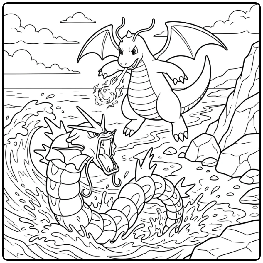 Dragonite kleurplaat: epische strijd met Gyarados bij de kust.