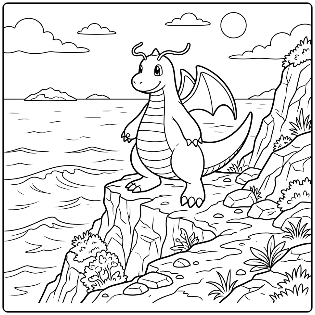 Avontuurlijke dragonite kleurplaat: Dragonite op een klif bij zee