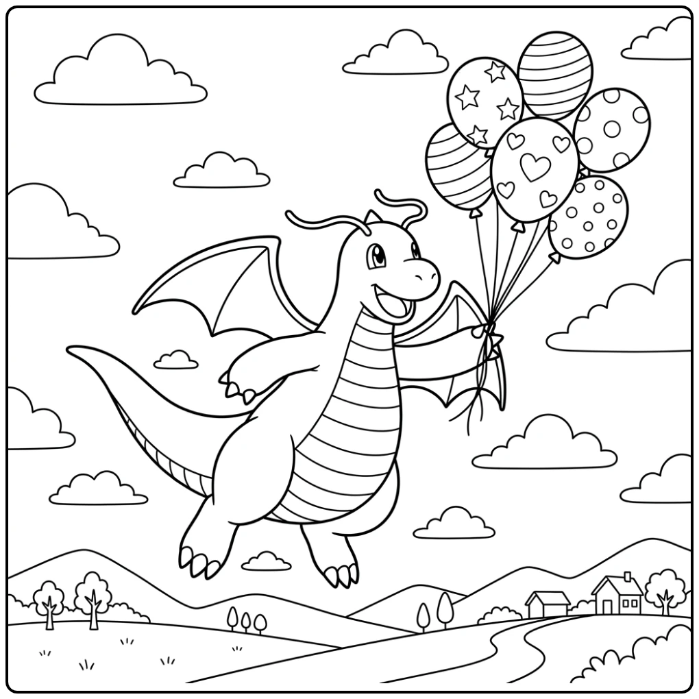 Energetische dragonite kleurplaat van Dragonite jagend op ballonnen.