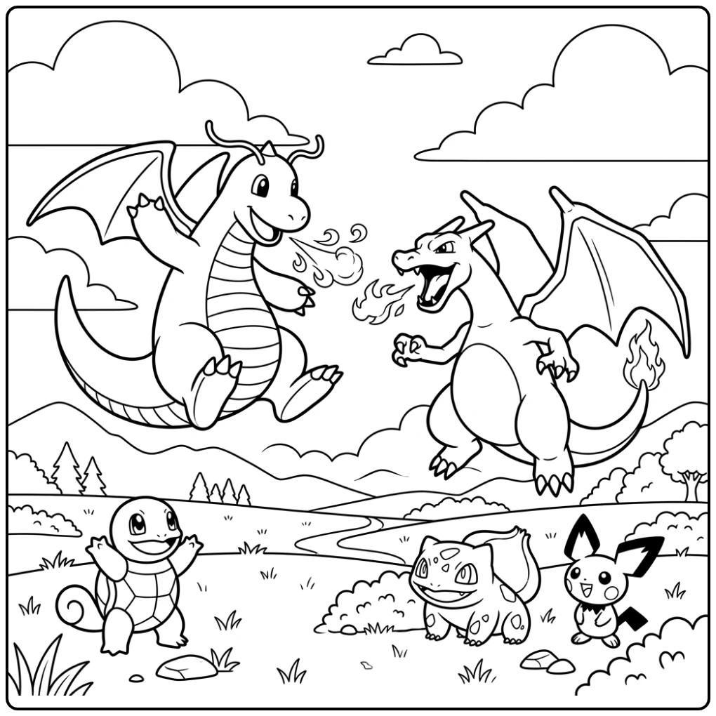 Dynamische dragonite kleurplaat: Dragonite en Charizard in luchtgevecht.