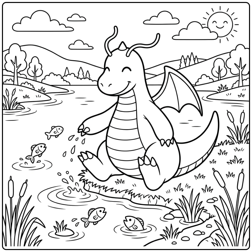 Speelse dragonite kleurplaat van Dragonite bij een kalm meer, water spat.