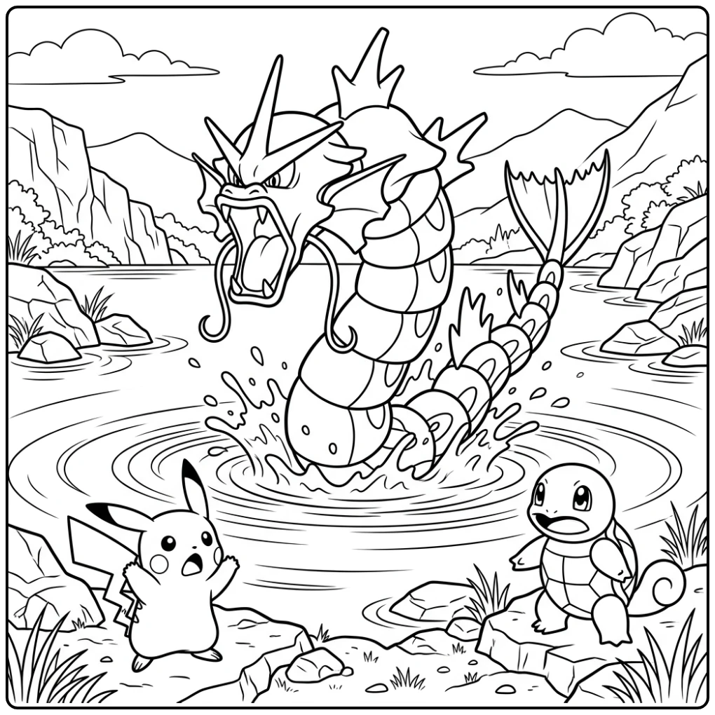 Gyarados kleurplaat: Woeste Gyarados rijst uit meer, Pikachu en Squirtle.