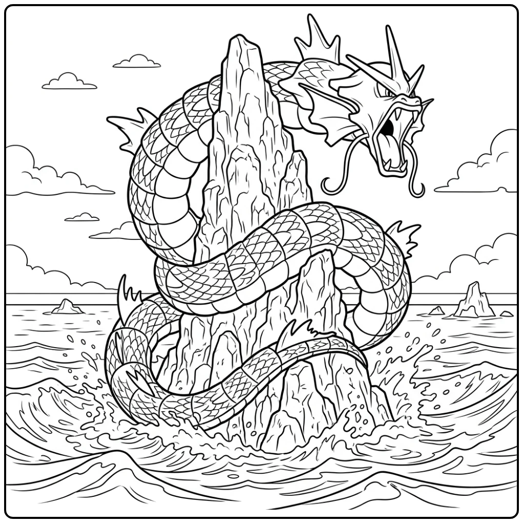 Gyarados kleurplaat: Krachtige Gyarados kronkelt rond een zeepilaar.