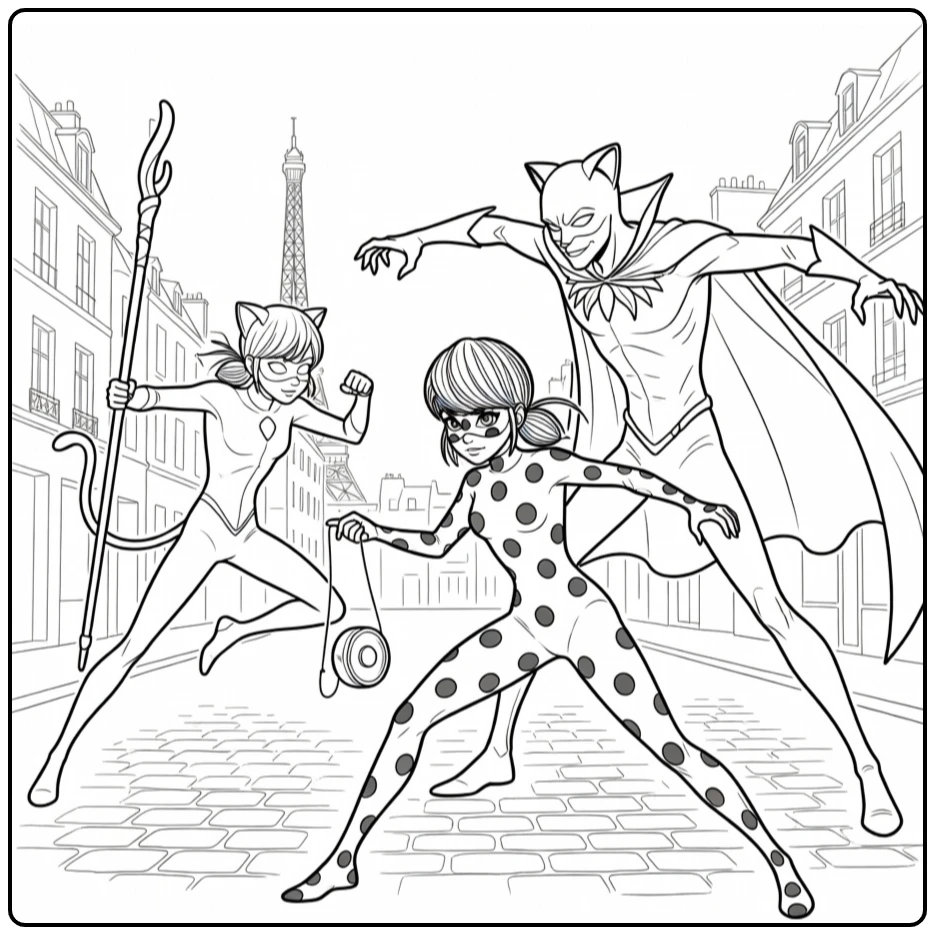 Miraculous kleurplaat: Ladybug vs akumatiseerde schurk met Cat Noir