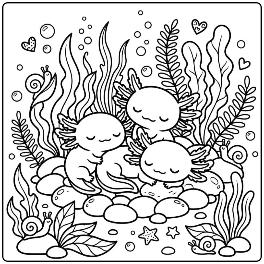Printbare schattige axolotl kleurplaat onder water.