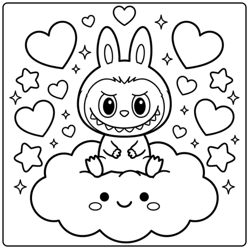 Schattige kawaii labubu kleurplaat op een zachte wolk.
