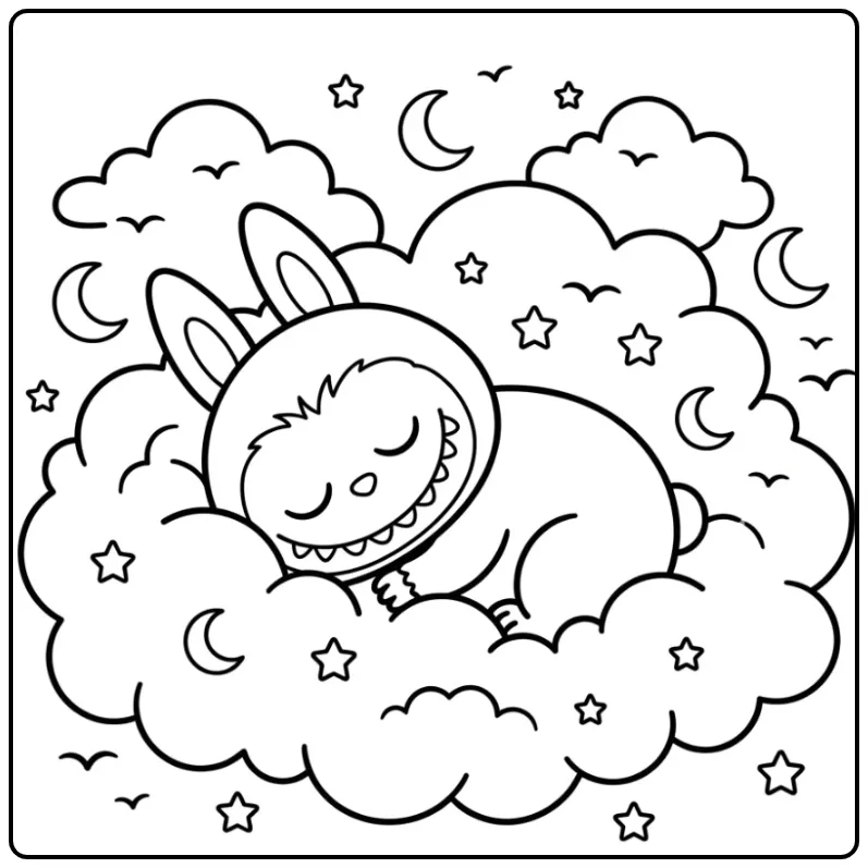 Slaperige labubu kleurplaat cute in de wolken met sterren.