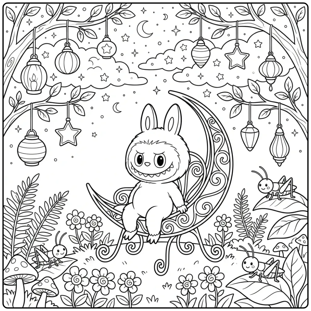 Nachtelijke labubu kleurplaat have a seat met lantaarns