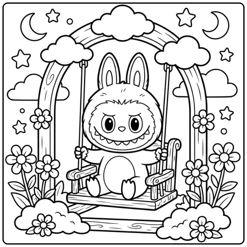 Schattige labubu pop kleurplaat op een schommel met sterren.