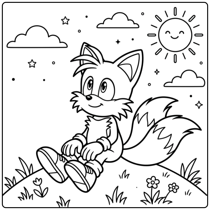 Tails kleurplaat: Vosje zit op een heuvel, kijkt naar de zon en wolken.