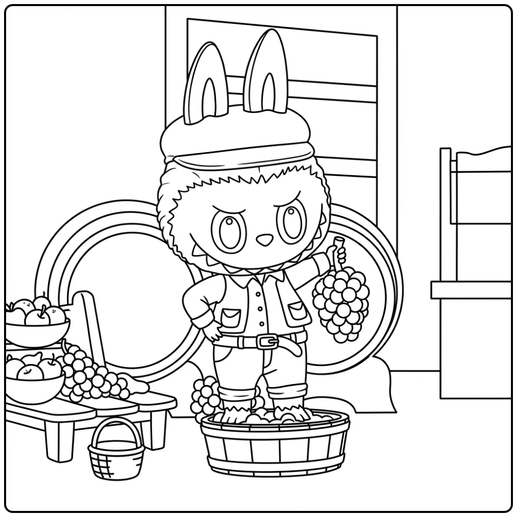 Druif Labubu Kleurplaat: Labubu stampt druiven in een tobbe.