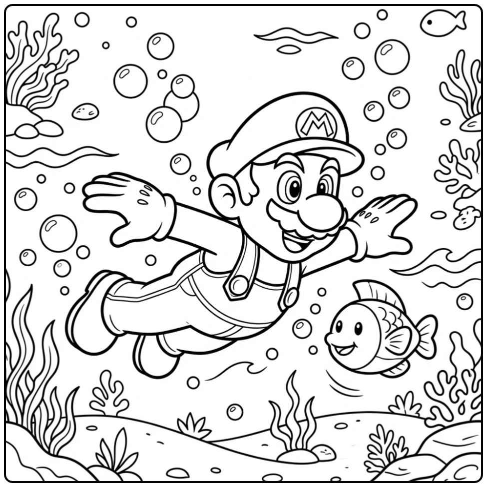 Onderwater avontuur: Mario kleurplaat met vis en bubbels.
