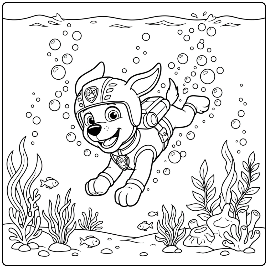 Vrolijke zuma paw patrol kleurplaat, duikend tussen bellen en planten.