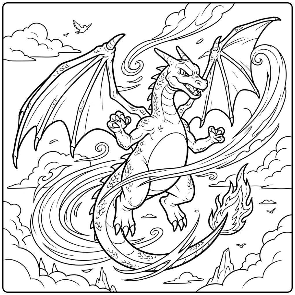 Machtige Charizard kleurplaat vliegt door wervelwinden, klaar voor actie