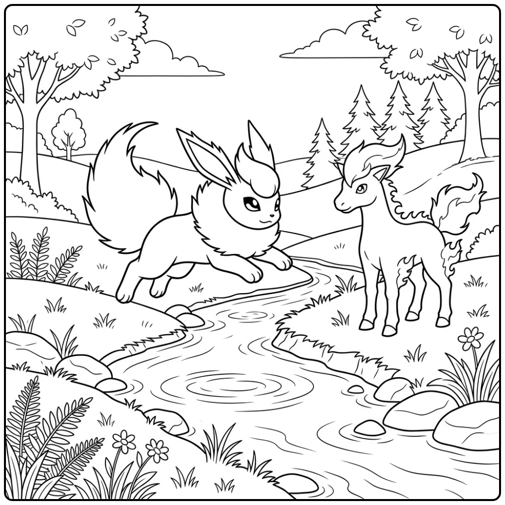 Avontuurlijke flareon kleurplaat: Flareon springt over beekje.