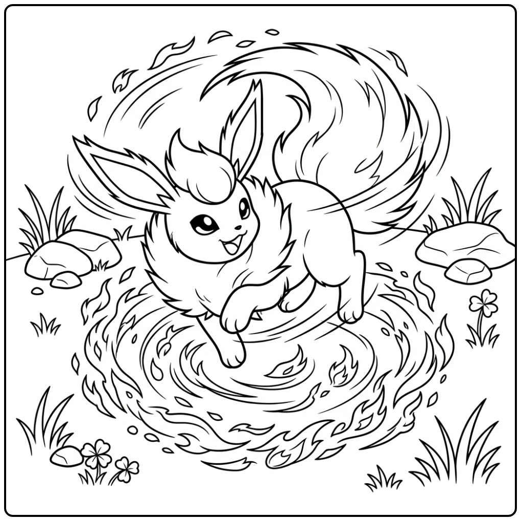 Speelse Flareon kleurplaat, vlammen dansen rond de vrolijke Pokémon.