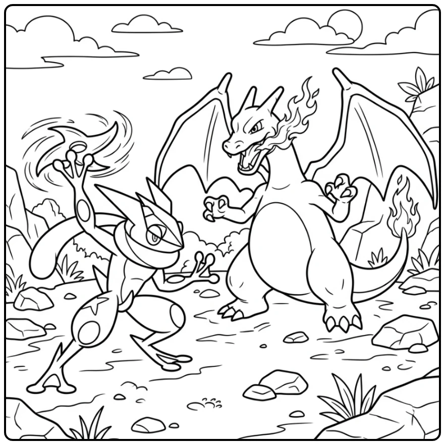 Spannende greninja kleurplaat: Greninja vs. Charizard in trainingsmatch
