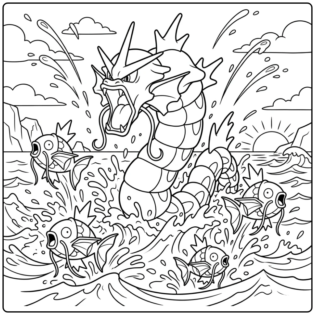 Levendige gyarados kleurplaat: Gyarados springt uit water met Magikarp