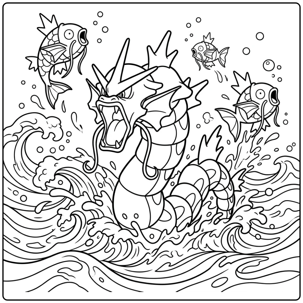 Gyarados kleurplaat: reusachtige Gyarados duikt op uit de golven.
