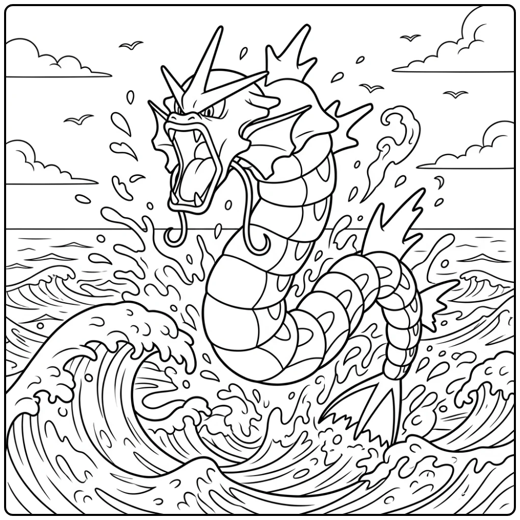Gyarados kleurplaat: Brullende Gyarados springt uit oceaan golven.