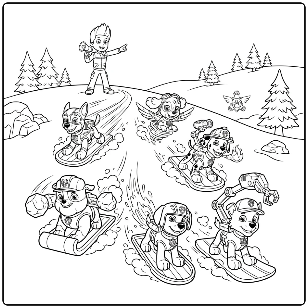 Avontuurlijke kleurplaat paw patrol mega pups redding op besneeuwde heuvel.