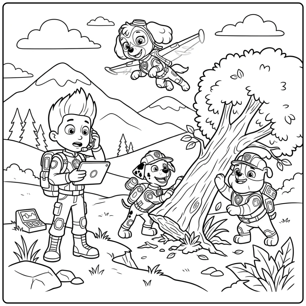 Actievolle kleurplaat paw patrol mega pups: redding in de bergen