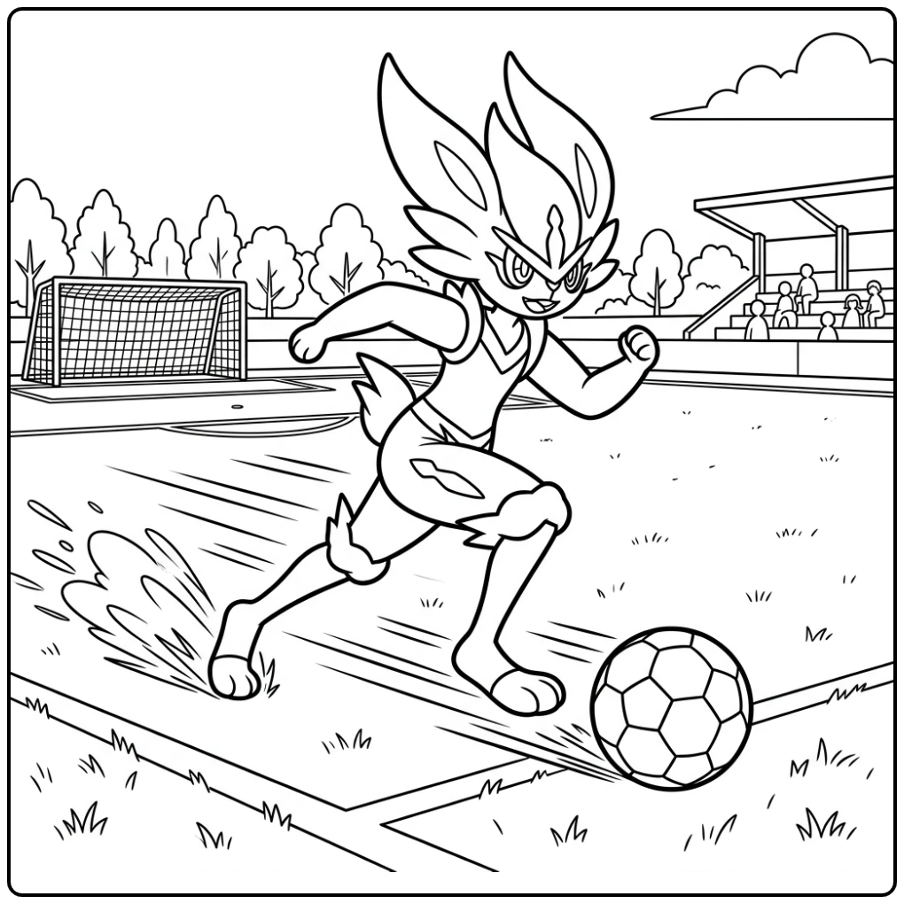 Kleurplaat pokemon cinderace in volle actie op het voetbalveld