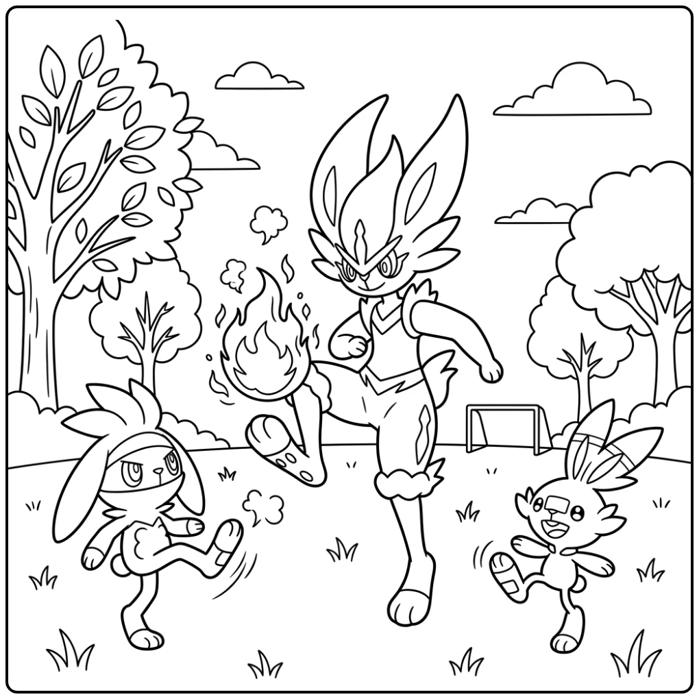 Speelse kleurplaat pokemon cinderace die traint met Raboot en Scorbunny