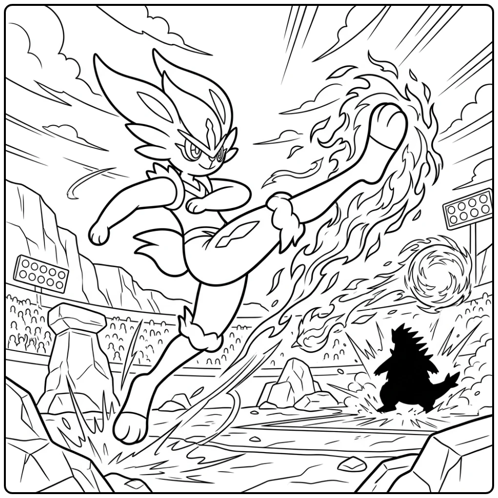Cinderace in actie: spectaculaire vlammende trap. kleurplaat pokemon cinderace.