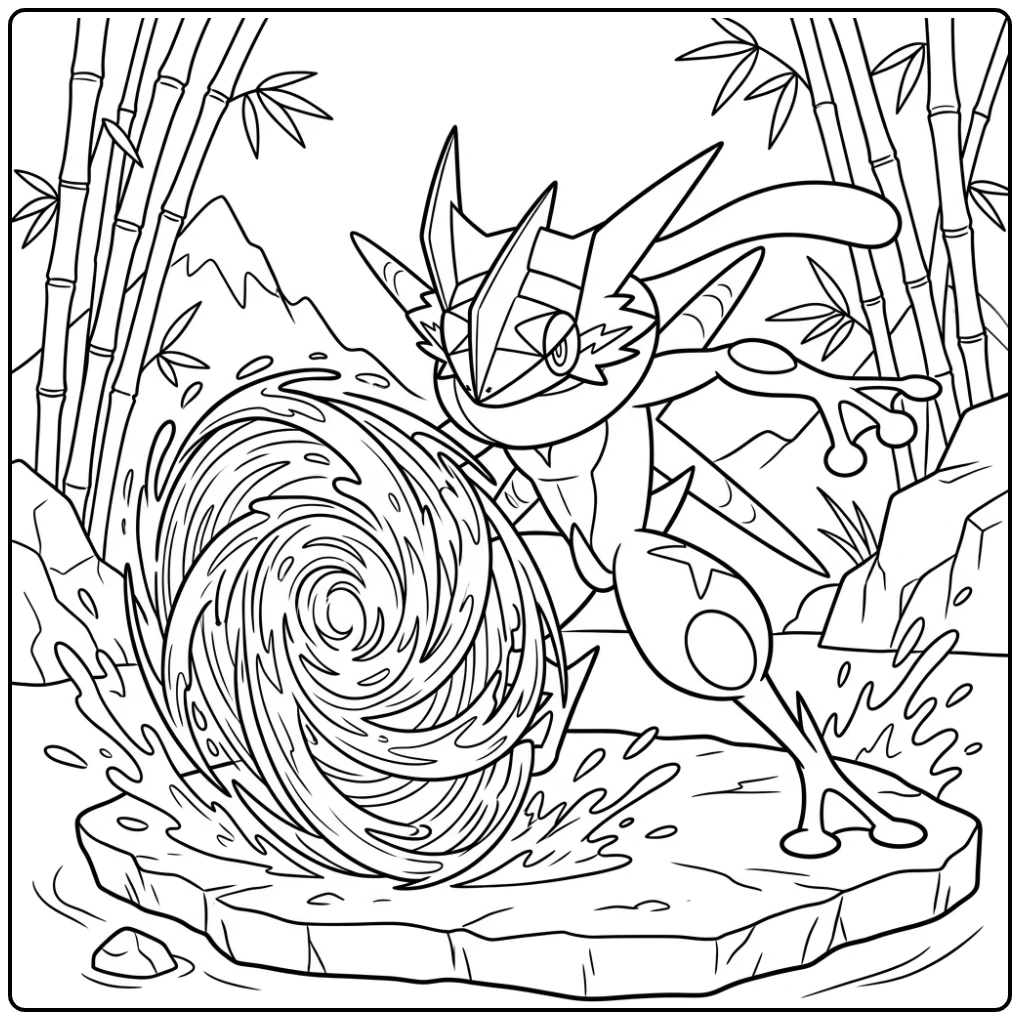 kleurplaat pokemon mega greninja: Greninja lanceert water shuriken