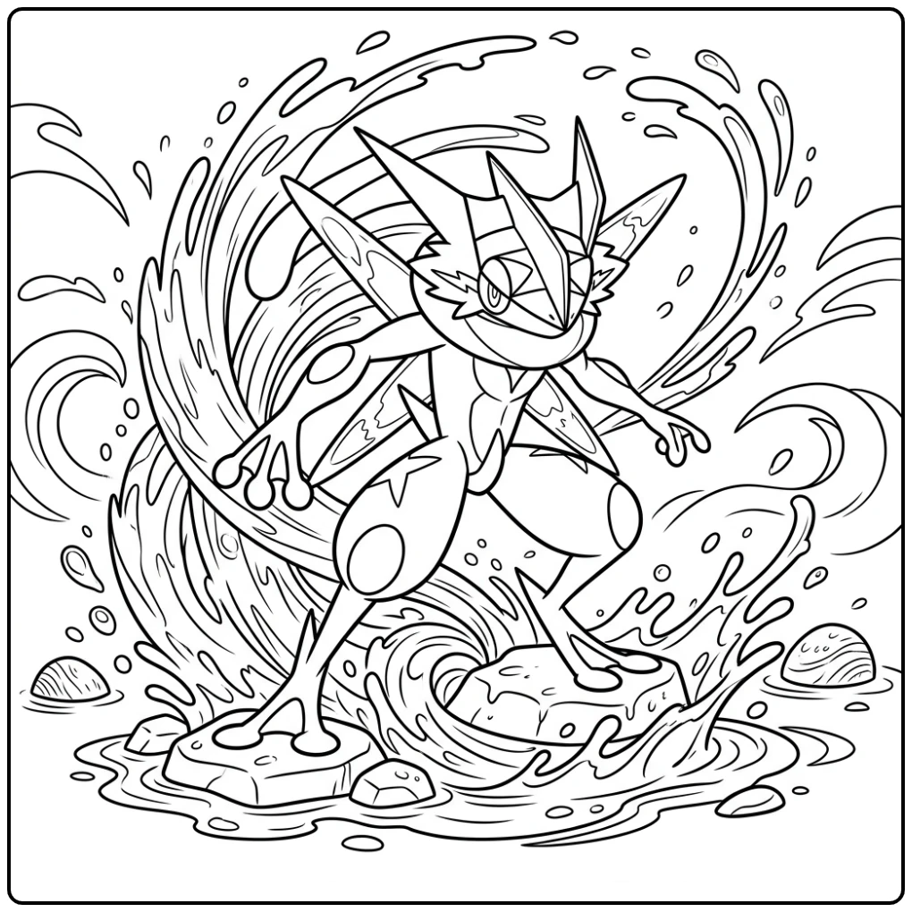 Heroïsche kleurplaat pokemon mega greninja, oprijzend uit water.