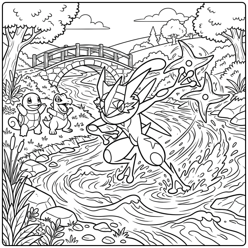 Kleurplaat pokemon mega greninja: Mega Greninja racet over water met Squirtle
