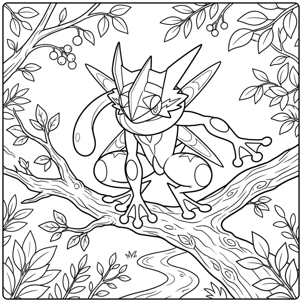 Ninja Mega Greninja op boomtak: kleurplaat pokemon mega greninja.