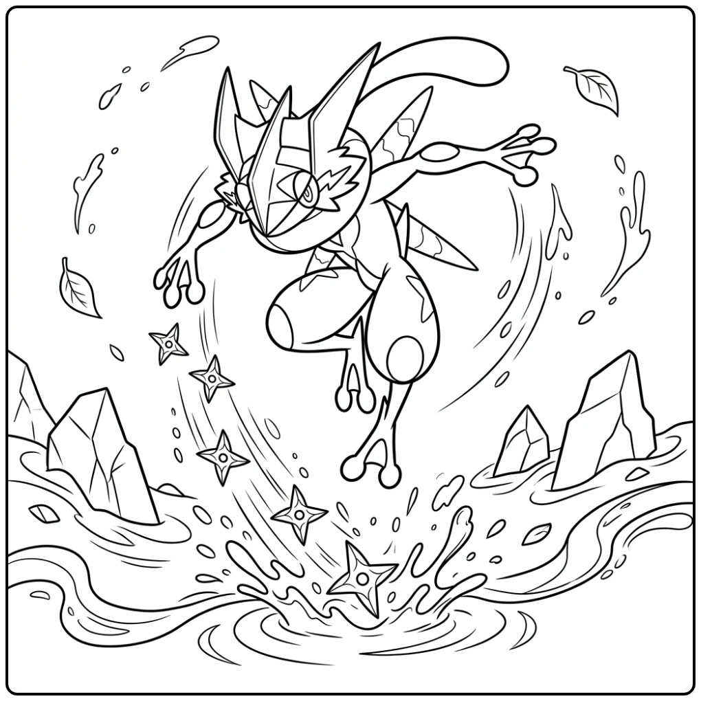 Mega Greninja actie kleurplaat pokemon mega greninja met water shurikens.