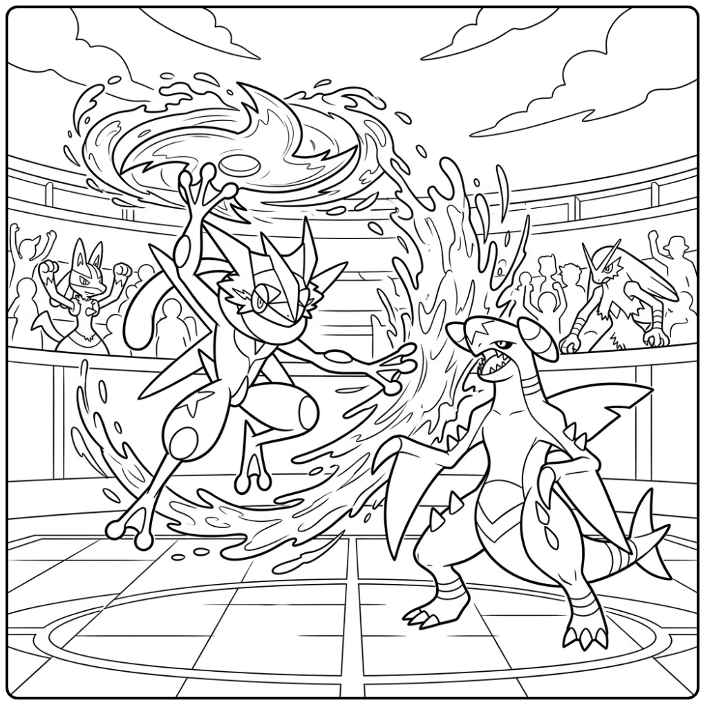Epische kleurplaat pokemon mega greninja aanval in de arena