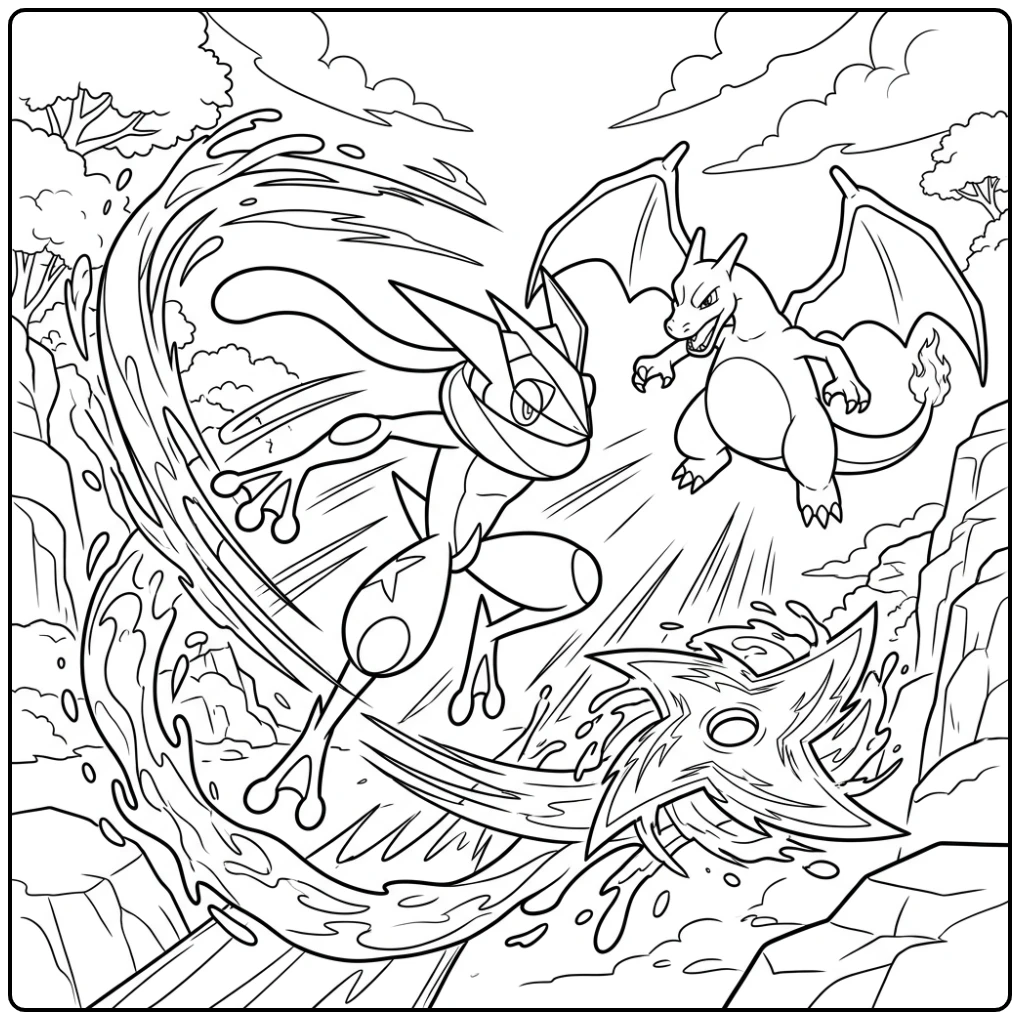 Greninja vs. Charizard: een kleurplaat pokemon moeilijk actiescène.