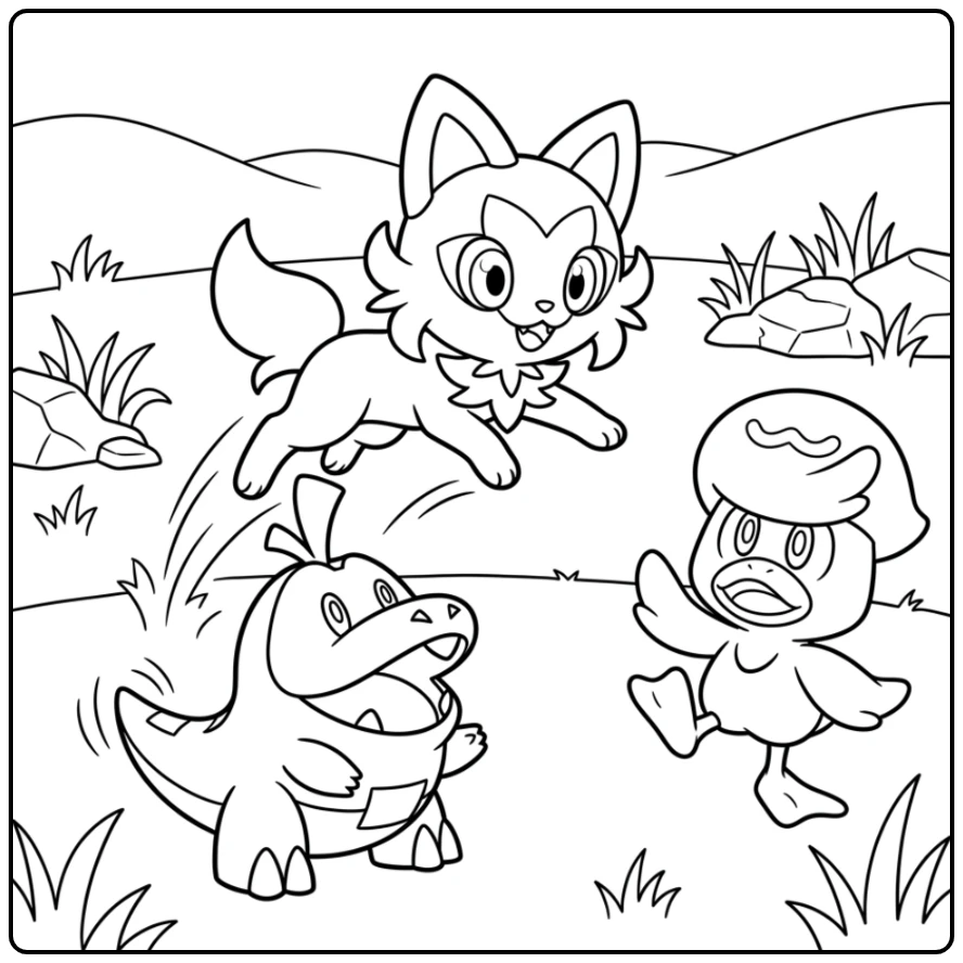 Speelse kleurplaat pokemon sprigatito gevecht met Fuecoco en Quaxly.