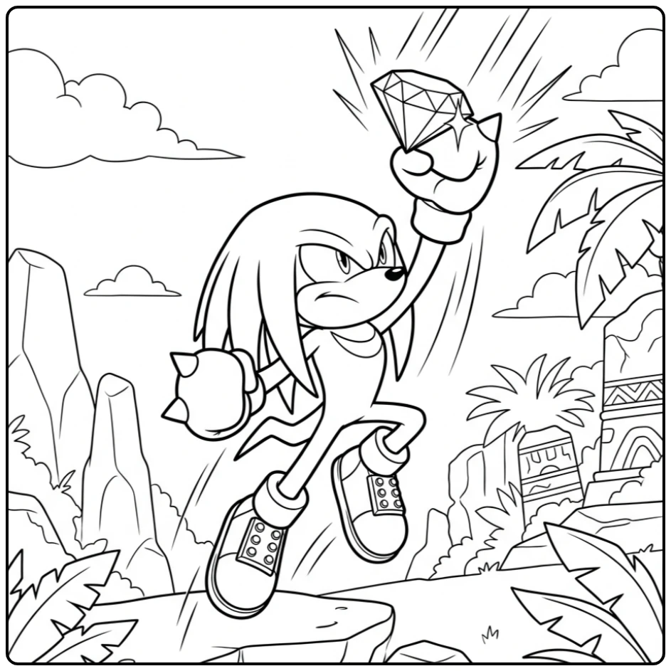 Knuckles kleurplaat: Knuckles vangt snel een vallende edelsteen.