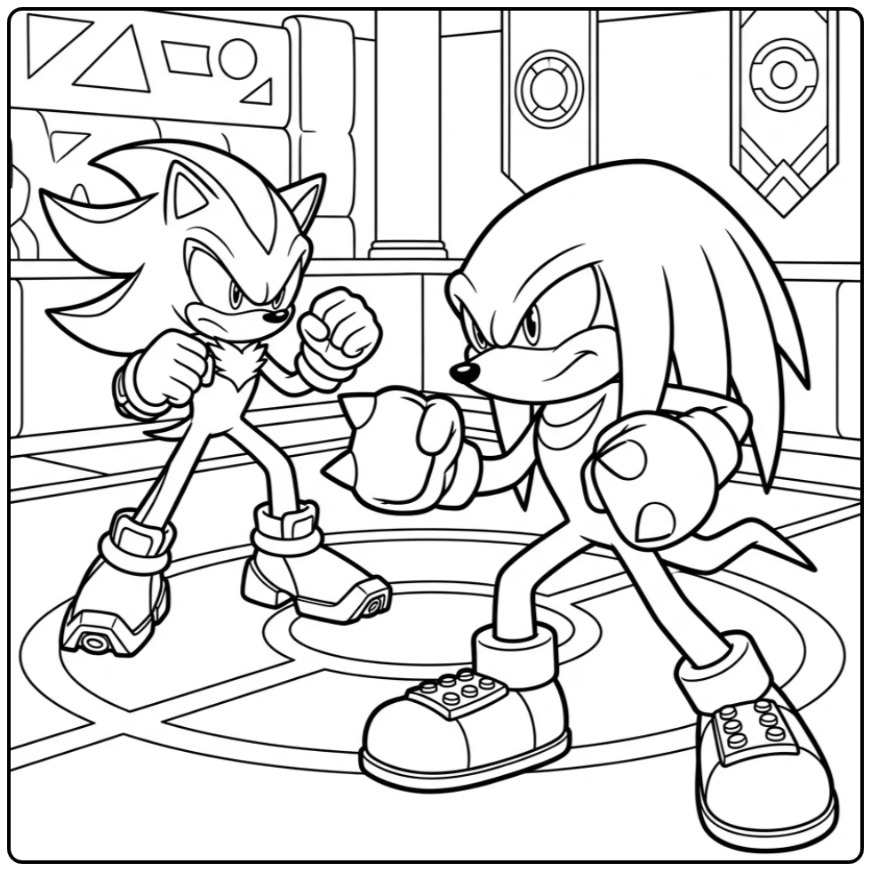Knuckles kleurplaat: Knuckles en Shadow in vriendschappelijke strijd.