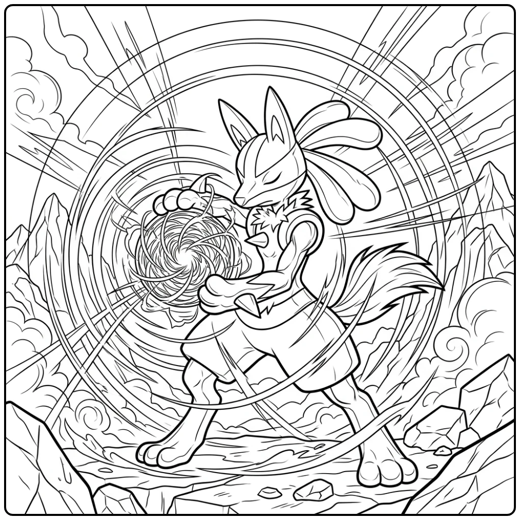 Lucario's krachtige aura bol aanval, een moeilijke kleurplaat pokemon moeilijk.