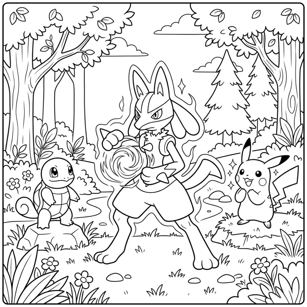 Lucario kleurplaat: aura training met Pikachu en Squirtle in bos.